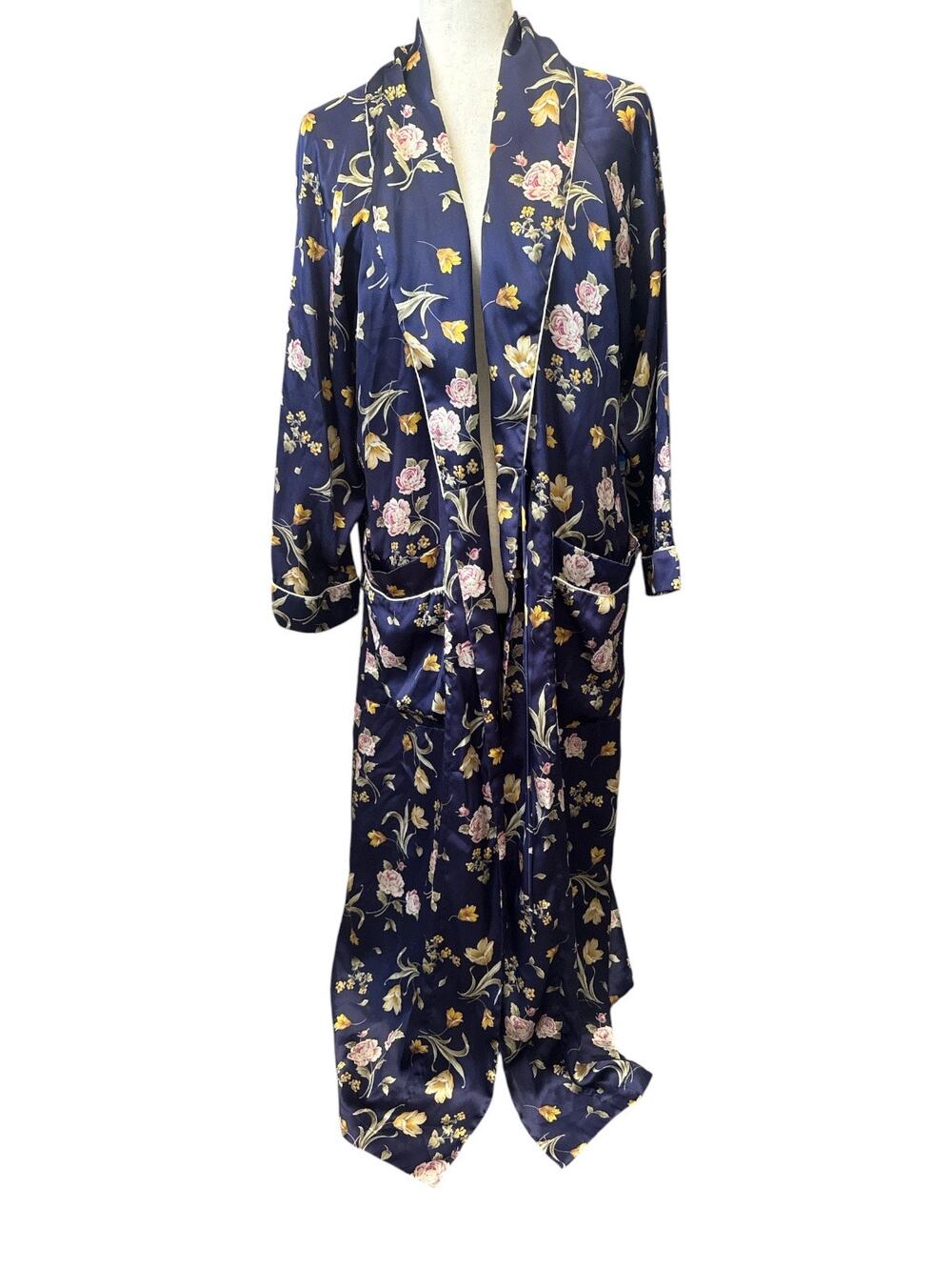Vintage Christian Dior Floral Satin Wrap Robe in Navy Floral As Is
